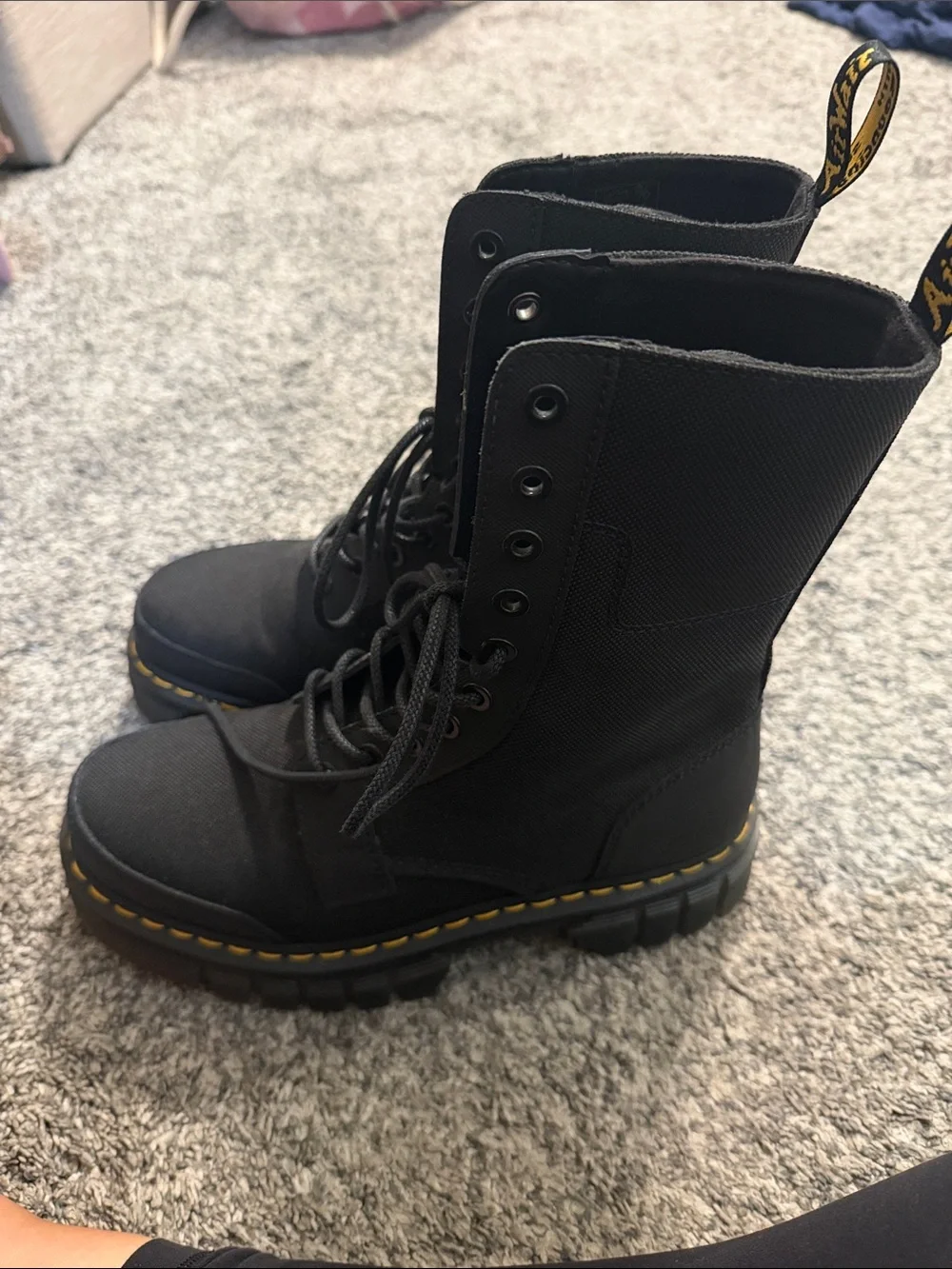 Dr. Martens Black Canvas Lace-Up Combat Boots with Yellow Stitching
